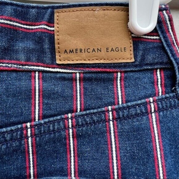 American Eagle Women's Mini Skirt Sz 10R Stretch Hi-Rise Raw Hem Stripe Blue Red - Picture 7 of 14